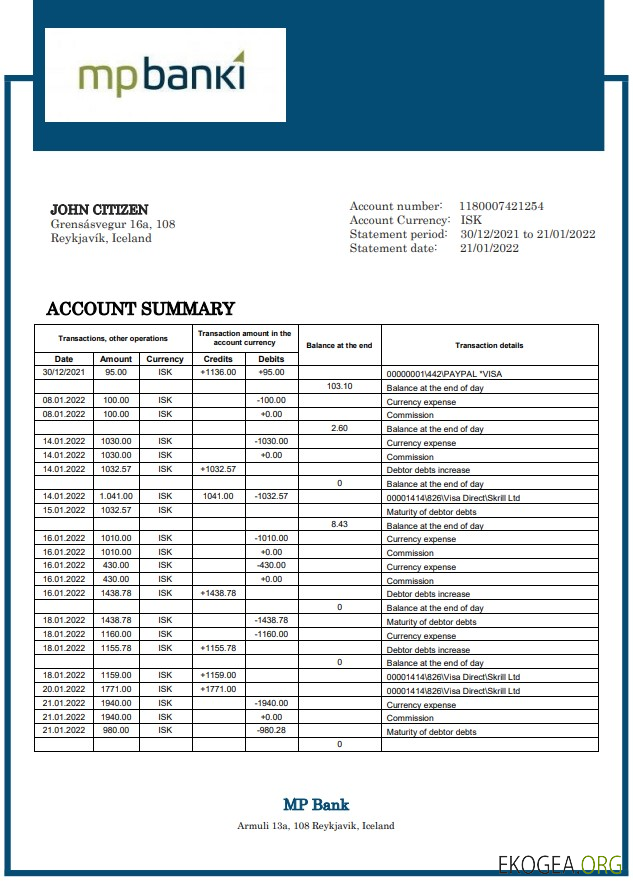 Relevé bancaire du député islandais